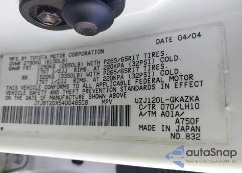 2004 Lexus Gx 470 из США, поврежденный, VIN JTJBT20X540048508